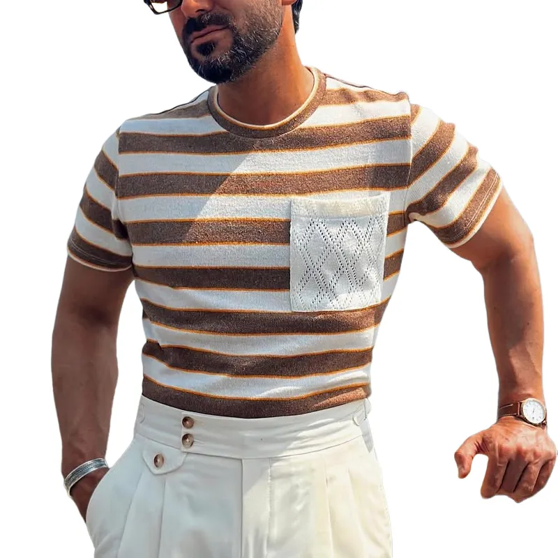 Men's Knit Striped Round Neck Short Sleeve Sweater T-shirt MTA2142C9Z sold by Manly