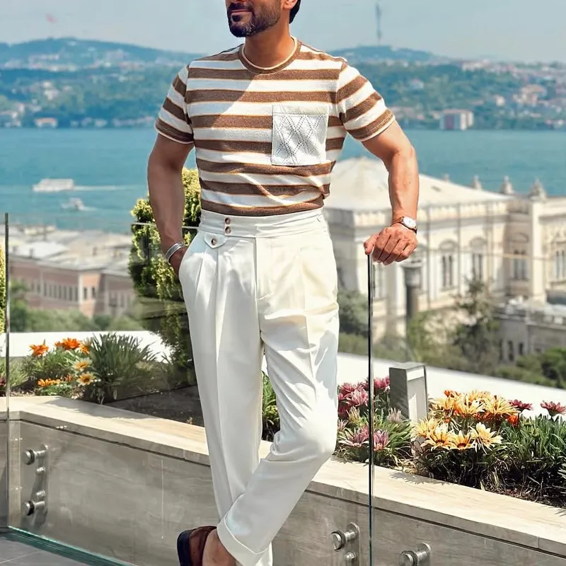 Men's Knit Striped Round Neck Short Sleeve Sweater T-shirt MTA2142C9Z sold by Manly product image thumbnail 3