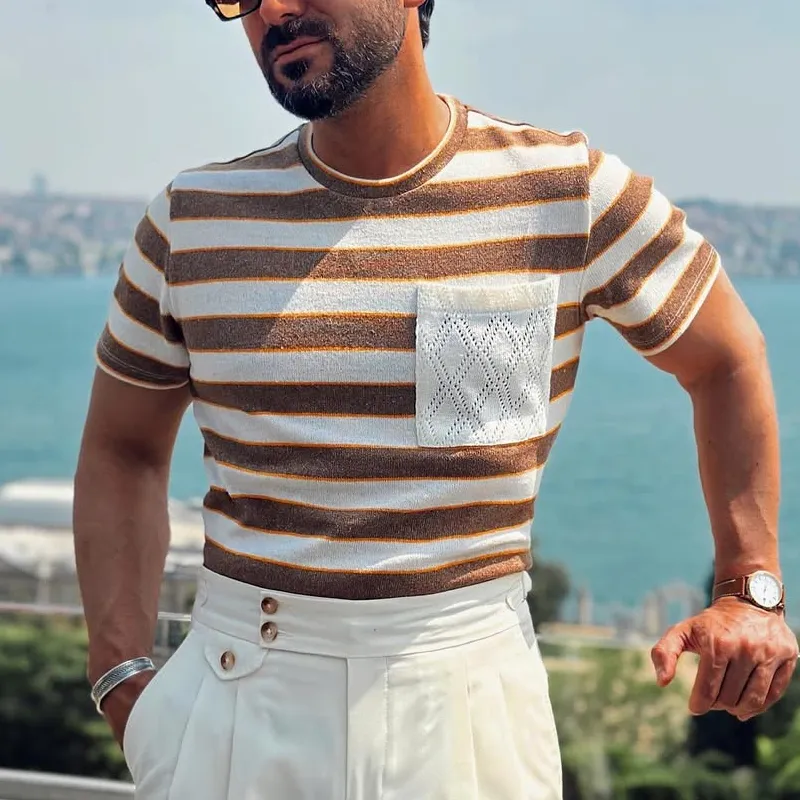 Men's Knit Striped Round Neck Short Sleeve Sweater T-shirt MTA2142C9Z sold by Manly product image thumbnail 2