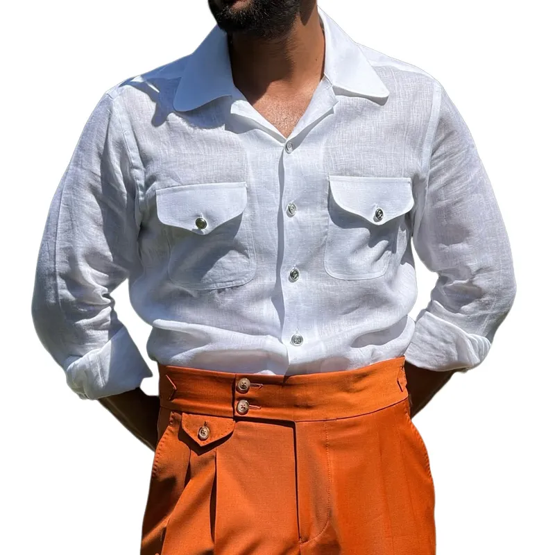 Men's Solid Cotton And Linen Lapel Chest Pocket Long Sleeve Shirt MTA2180C8Z sold by Manly