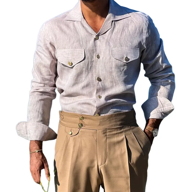 Men's Solid Cotton And Linen Lapel Chest Pocket Long Sleeve Shirt MTA2185C6Z sold by Manly