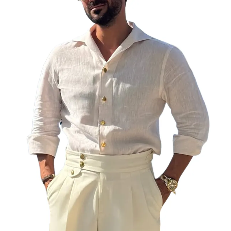 Men's Solid Cotton And Linen Lapel Long Sleeve Shirt MTA2188C6Z sold by Manly