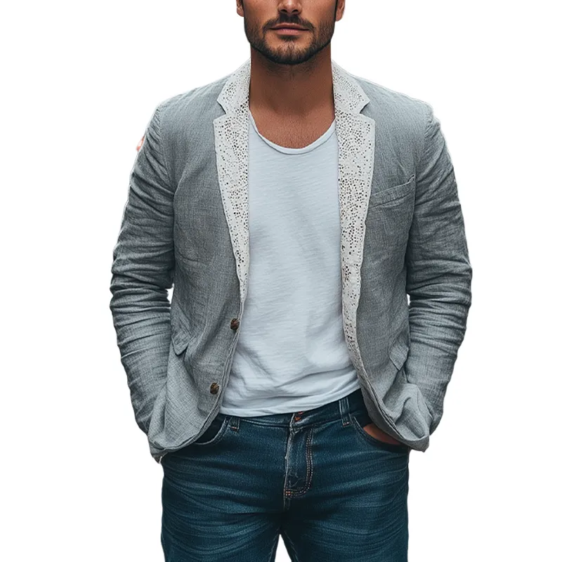 Men's Spring New Collar Splicing Lace Single-breasted Cotton and Linen Blazer MTA2147C9K sold by Manly
