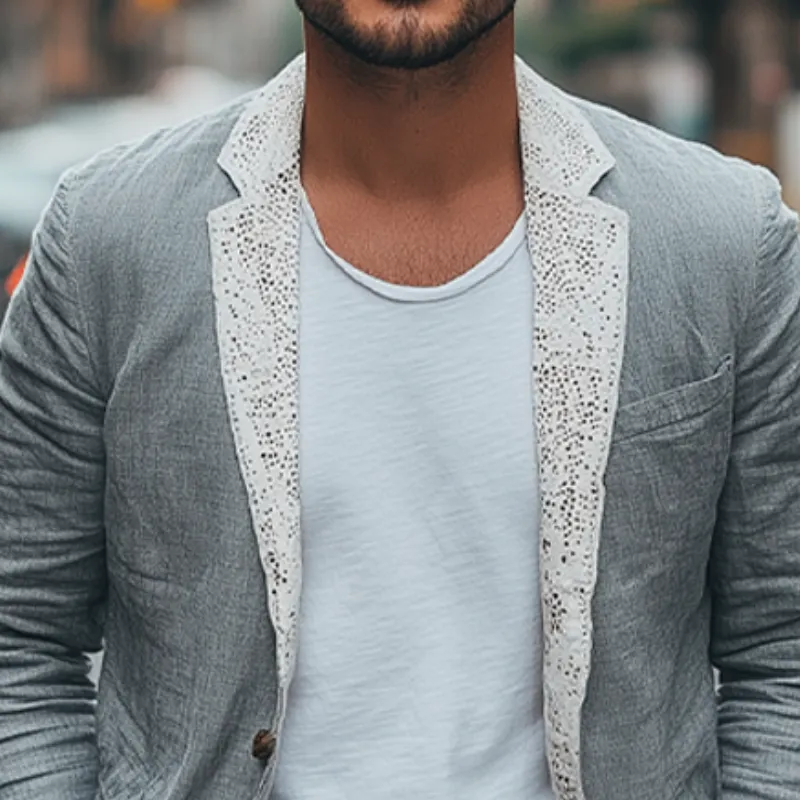Men's Spring New Collar Splicing Lace Single-breasted Cotton and Linen Blazer MTA2147C9K sold by Manly product image thumbnail 4