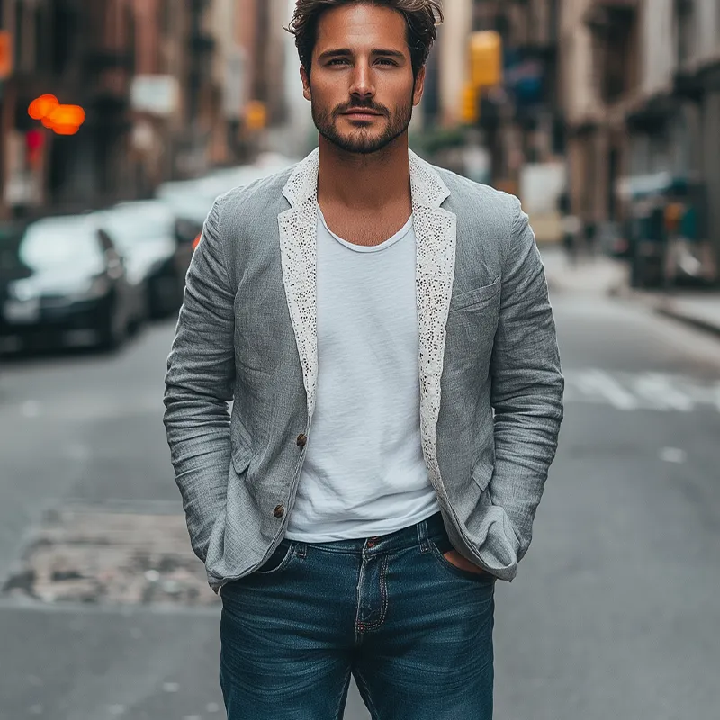 Men's Spring New Collar Splicing Lace Single-breasted Cotton and Linen Blazer MTA2147C9K sold by Manly product image thumbnail 3