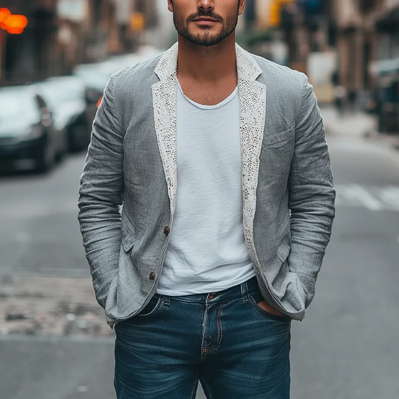 Men's Spring New Collar Splicing Lace Single-breasted Cotton and Linen Blazer MTA2147C9K sold by Manly product image thumbnail 2