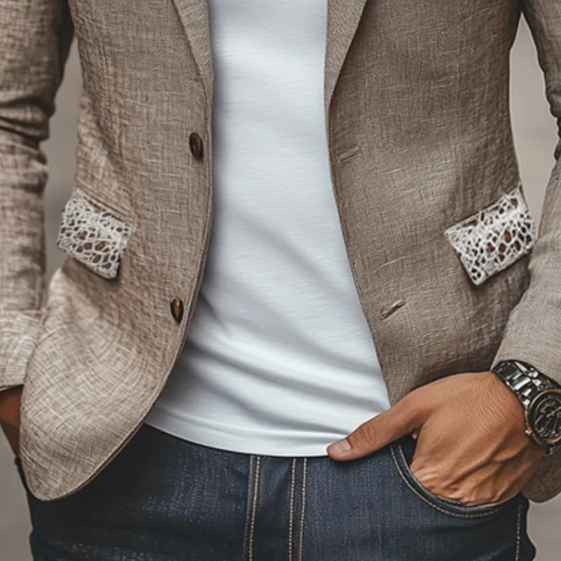 Men's Spring New Casual Lace Splicing Pocket Cotton and Linen Blazer MTA2167C4K sold by Manly product image thumbnail 4