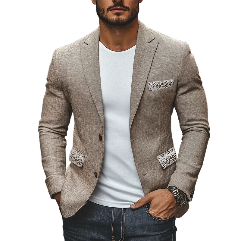 Men's Spring New Casual Lace Splicing Pocket Cotton and Linen Blazer MTA2167C4K sold by Manly
