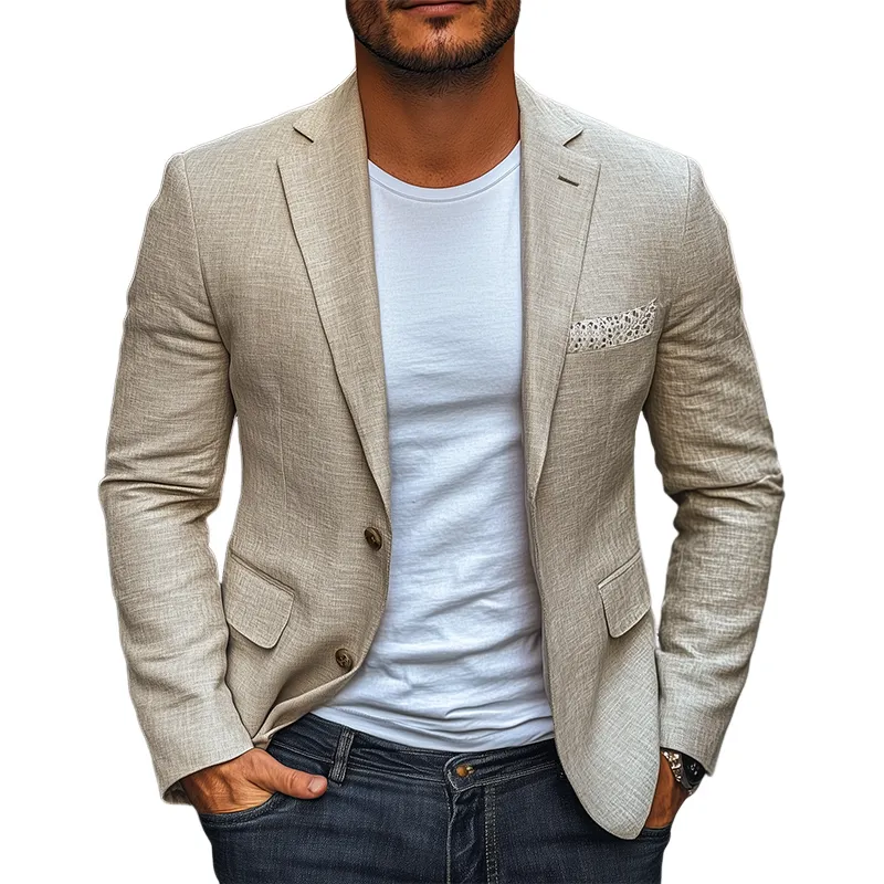 Men's Spring New Casual Lace Splicing Pockets Slim Fit Cotton and Linen Blazer MTA2122C0K sold by Manly