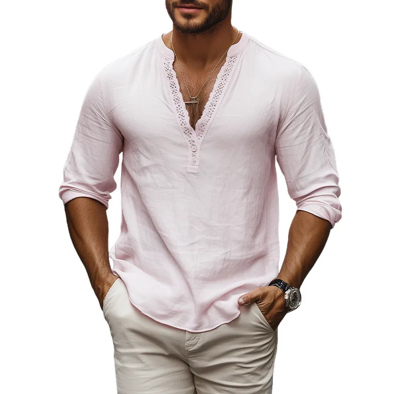 Men's Spring and Summer Casual Skin-friendly Cotton and Linen Seep V-neck Splicing Lace Shirt MTA2149C5K sold by Manly