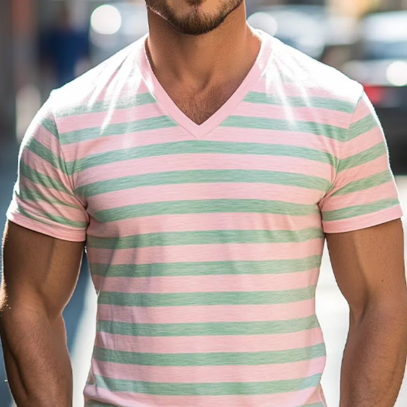 Men's Classic Casual Skin-friendly Cotton Striped V-neck Short-sleeved T-shirt MTA2185C4K sold by Manly product image thumbnail 4