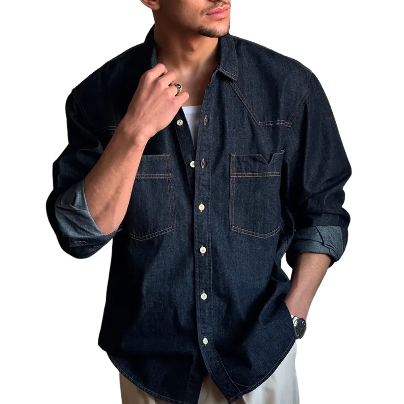 Men's Fashion Denim Notched Pockets Lapel Long Sleeve Cargo Shirt MTA2085C8Z sold by Manly