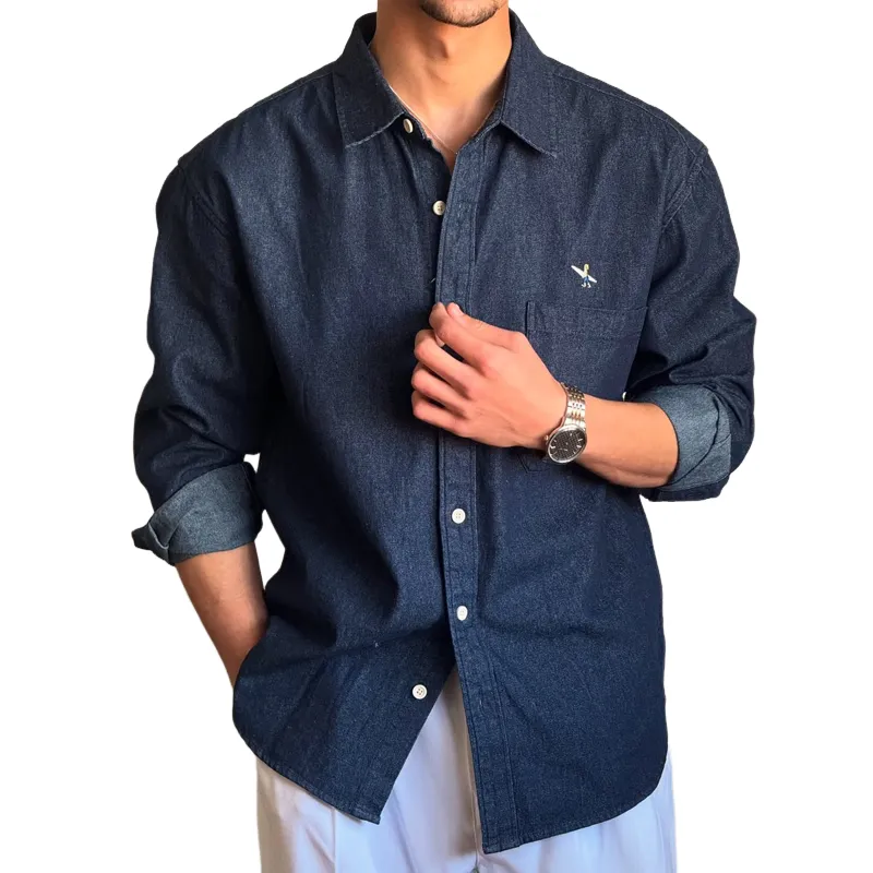 Men's Fashion Chest Embroidered Denim Lapel Long Sleeve Cargo Shirt MTA2020C7Z sold by Manly