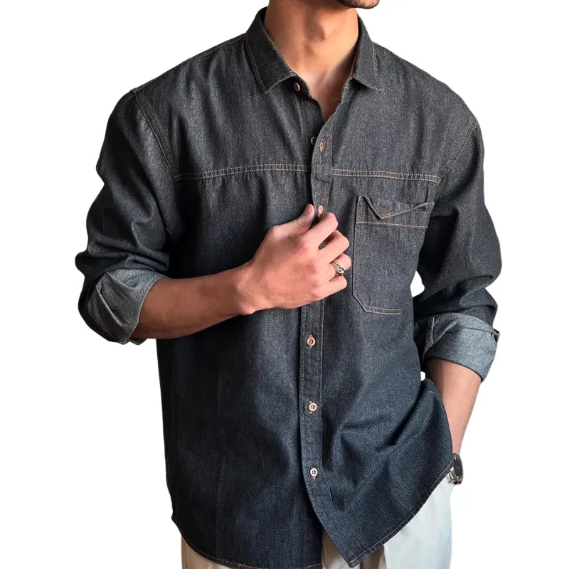 Men's Fashion Dog-eared Chest Pocket Lapel Long Sleeve Denim Cargo Shirt MTA2002C5Z sold by Manly