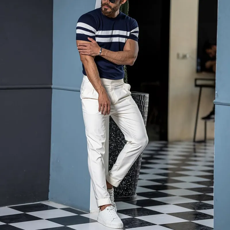 Men's Colorblock Striped Round Neck Short Sleeve Knit Sweater T-shirt MTA2014C6Z sold by Manly product image thumbnail 3