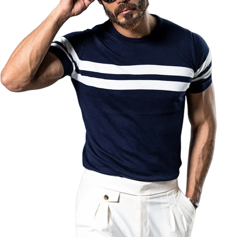 Men's Colorblock Striped Round Neck Short Sleeve Knit Sweater T-shirt MTA2014C6Z sold by Manly