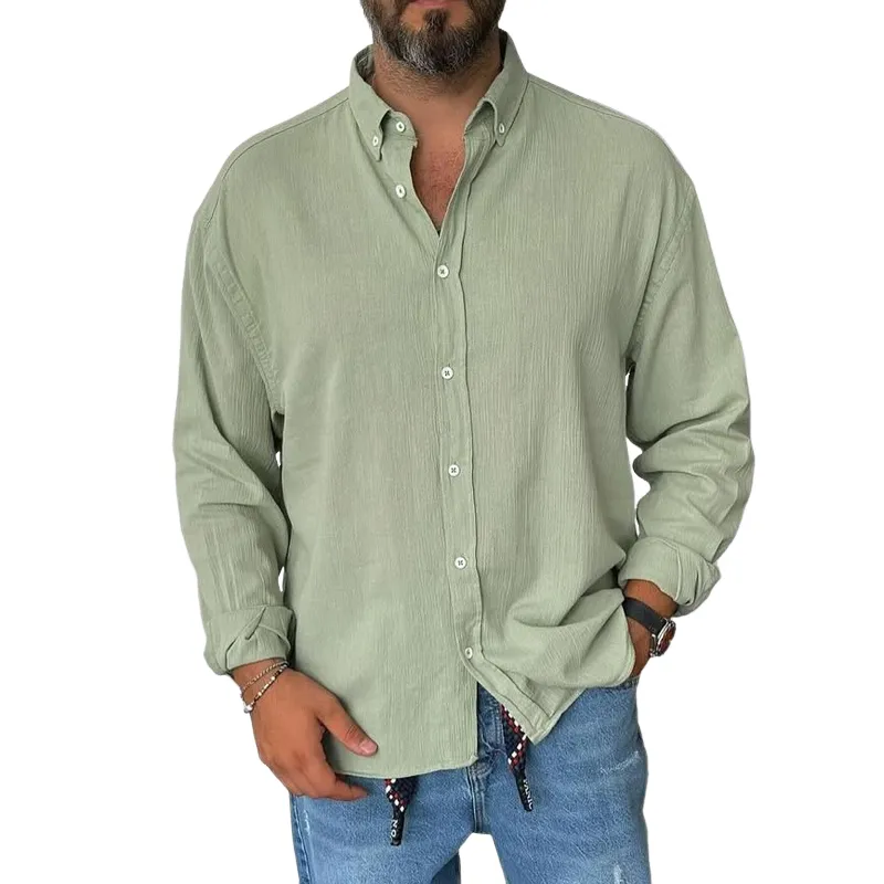 Men's Solid Cotton And Linen Lapel Long Sleeve Shirt MTA2009C5Z sold by Manly