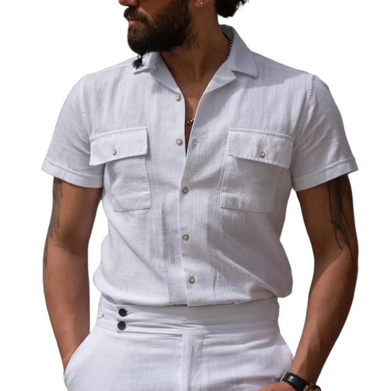 Men's Solid Color Cotton And Linen Cuban Collar Chest Pockets Short Sleeve Shirt MTA2048C7Z sold by Manly