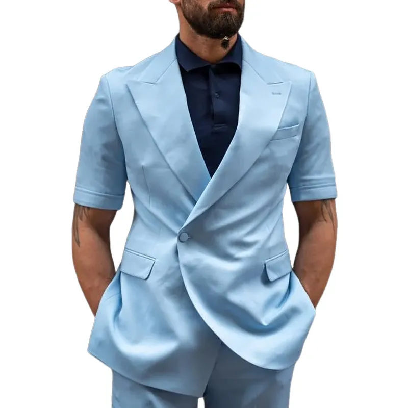 Men's Peak Lapel One Button Irregular Hem Short Sleeve Blazer MTA2053C2Z sold by Manly