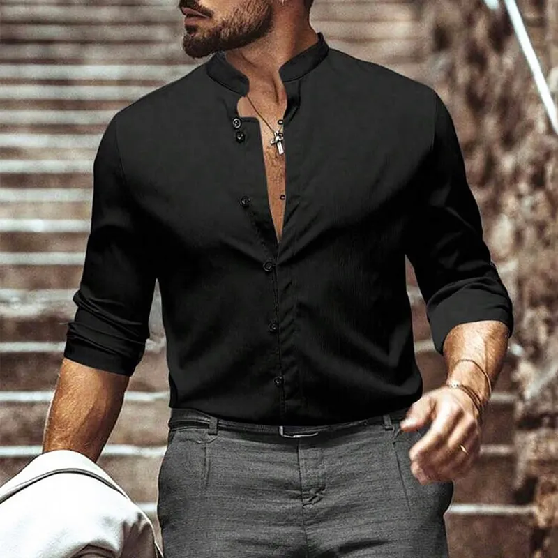 Men's Solid Color Stand Collar Long Sleeve Shirt MTA2097C6Z sold by Manly product image thumbnail 2