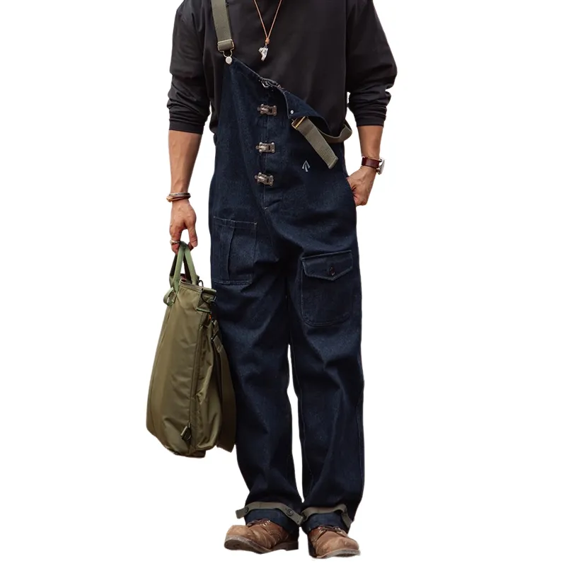 Men's Loose  Aircraft Buckle  Chest Multi-pocket  Denim Overalls MTA2056C9Z sold by Manly