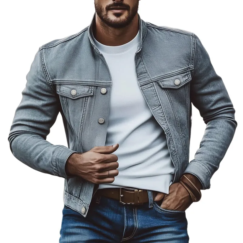 Men's Grey Distressed Stand Collar Denim Jacket MTA2080C2U sold by Manly