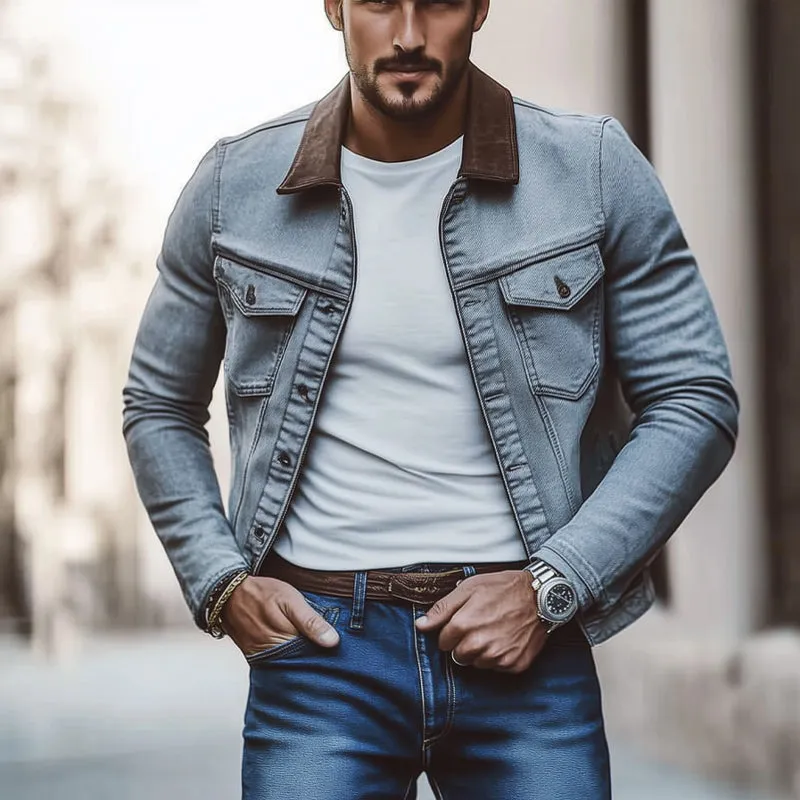 Men's Grey Distressed Lapel Washed Denim Jacket MTA2002C0U sold by Manly product image thumbnail 3