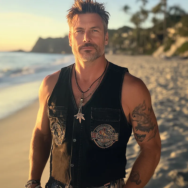 Men's Summer Retro Washed Distressed Denim Embroidered Vest MTA2035C3U sold by Manly product image thumbnail 3