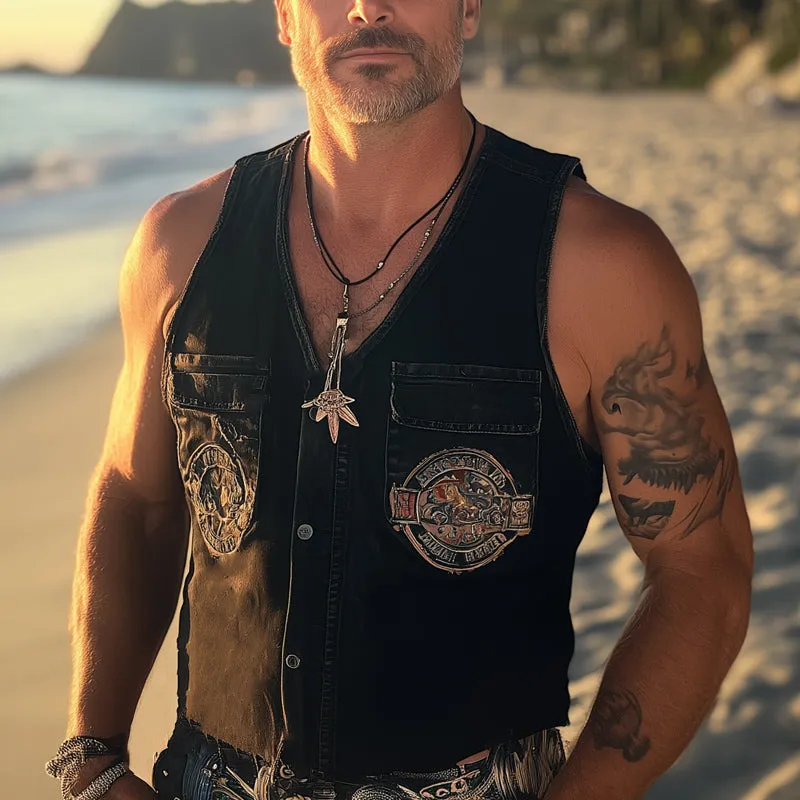 Men's Summer Retro Washed Distressed Denim Embroidered Vest MTA2035C3U sold by Manly product image thumbnail 2