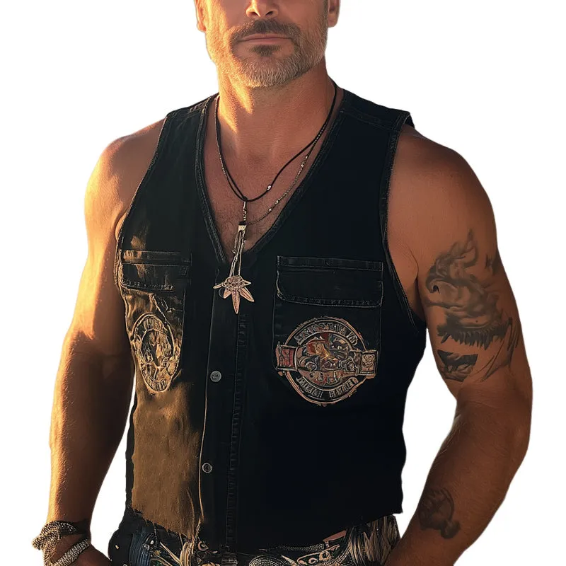Men's Summer Retro Washed Distressed Denim Embroidered Vest MTA2035C3U sold by Manly