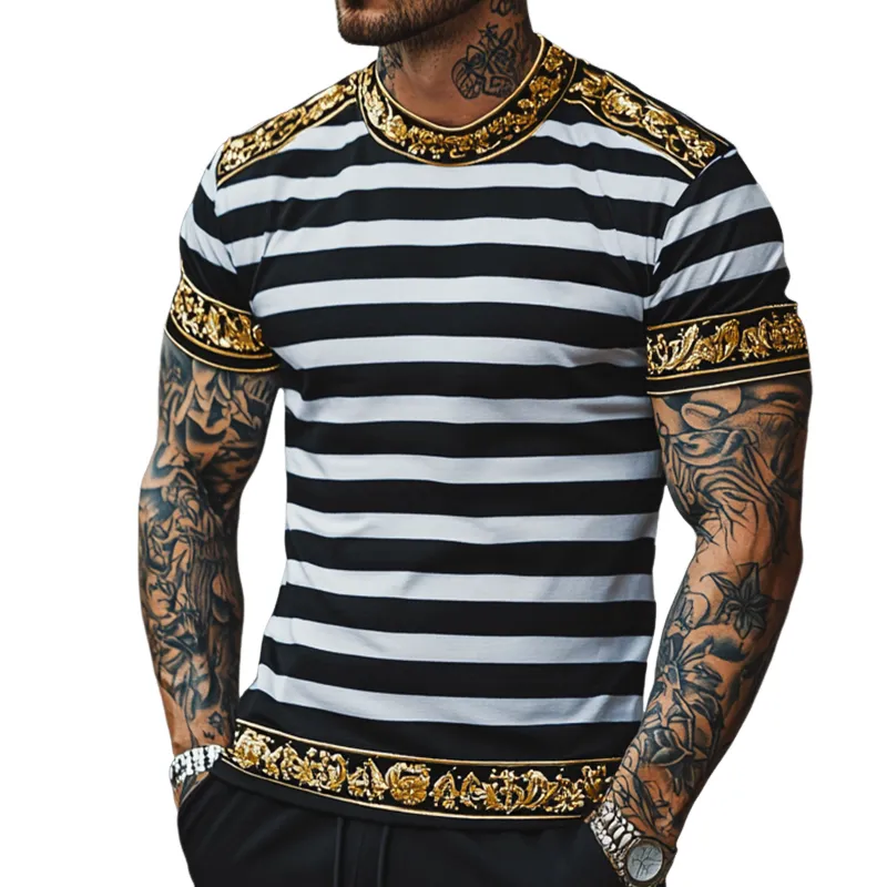 Men's Retro Casual Baroque Printed Round Neck Short Sleeve T-Shirt  MTA2152C1TO sold by Manly