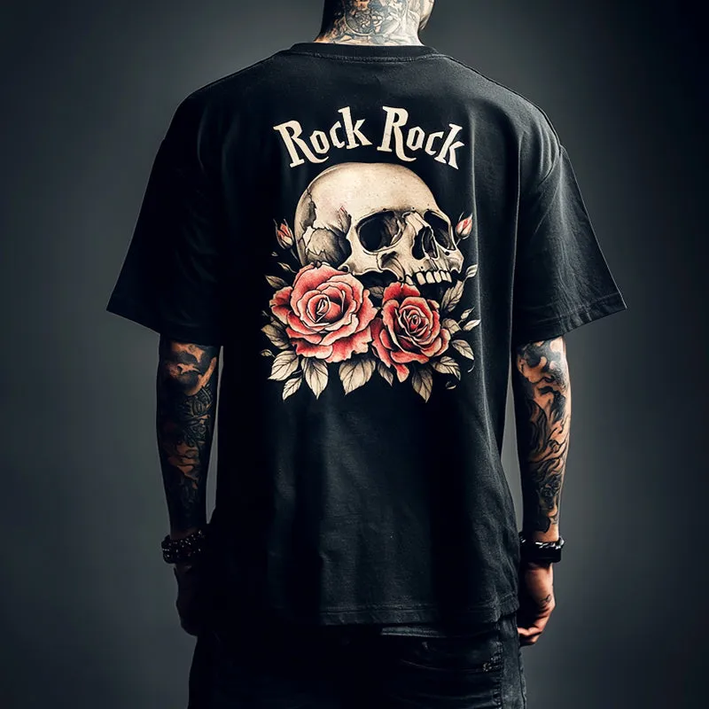 Men's Retro Casual Skull "Rock Rock" Printed Round Neck Short Sleeve T-Shirt MTA2192C9TO sold by Manly product image thumbnail 2
