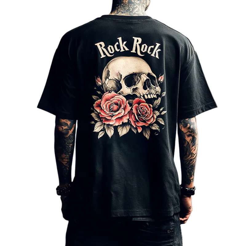 Men's Retro Casual Skull "Rock Rock" Printed Round Neck Short Sleeve T-Shirt MTA2192C9TO sold by Manly
