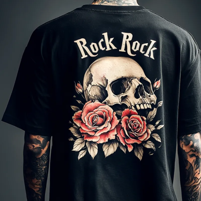 Men's Retro Casual Skull "Rock Rock" Printed Round Neck Short Sleeve T-Shirt MTA2192C9TO sold by Manly product image thumbnail 3