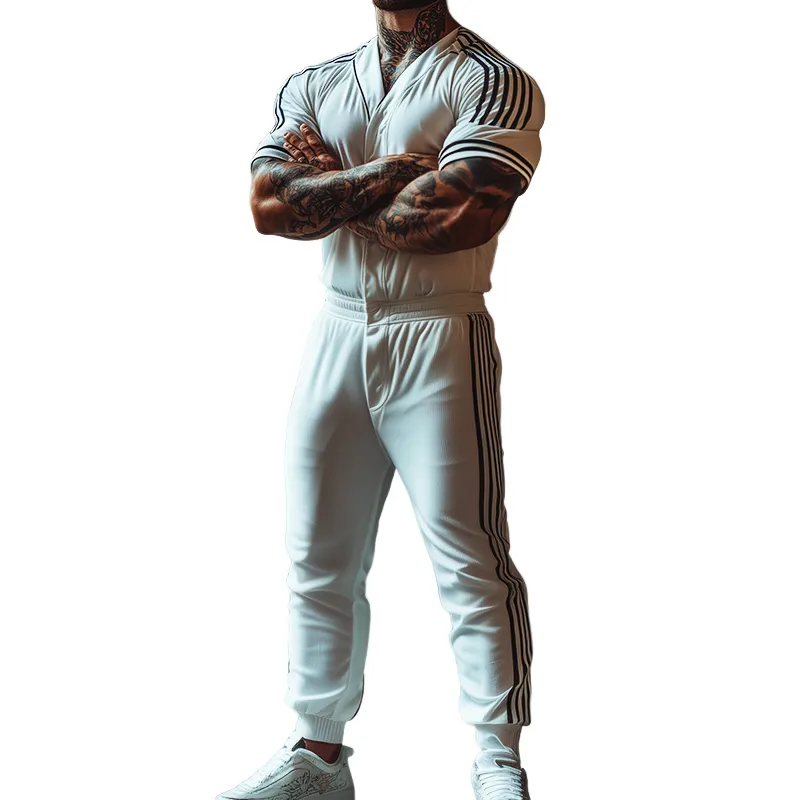 Men's Retro Casual Striped Printed Collarless Short Sleeve Jumpsuit MTA2191C6TO sold by Manly