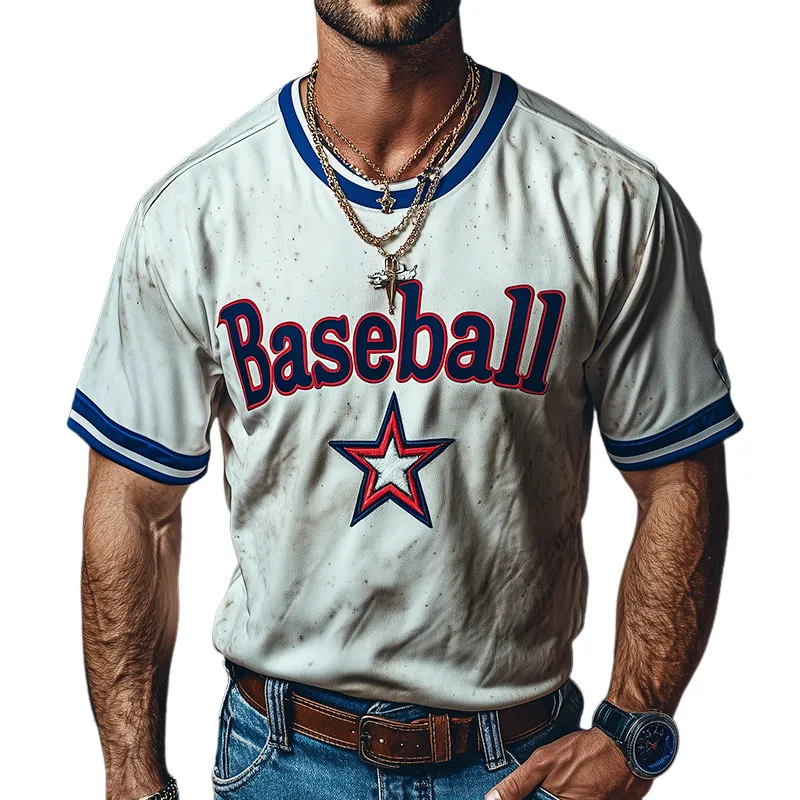 Men's Retro Casual Baseball Printed Round Neck Short Sleeve T-Shirt MTA2118C9TO sold by Manly