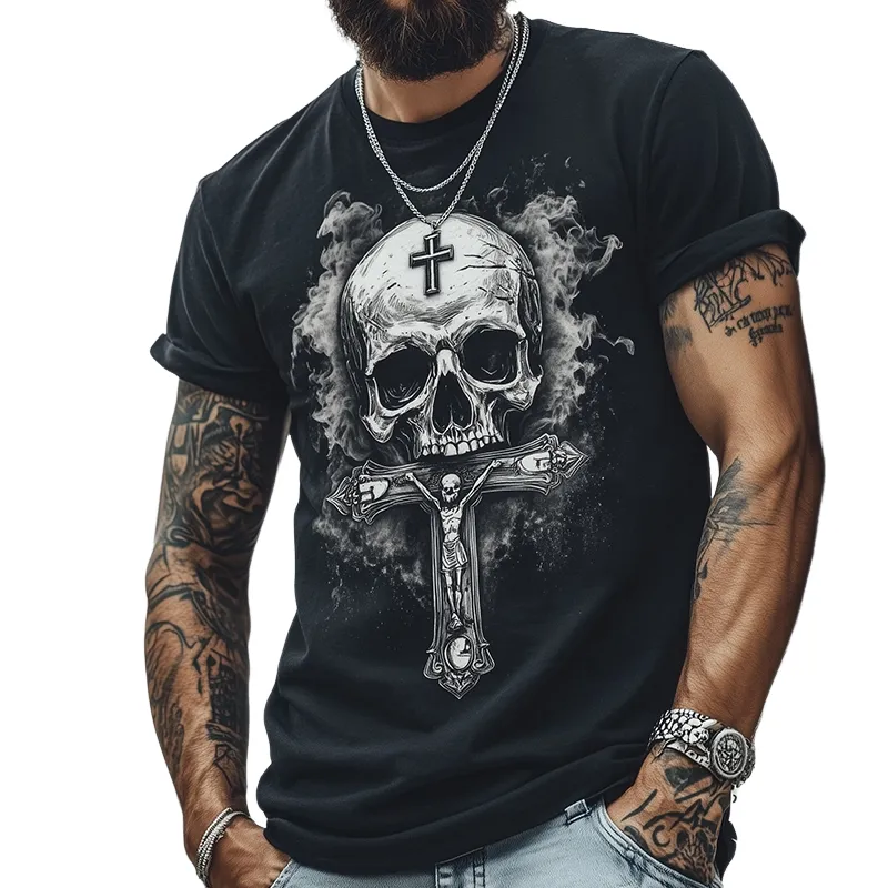 Men's Retro Casual Skull Cross Printed Round Neck Short Sleeve T-Shirt MTA2102C9TO sold by Manly
