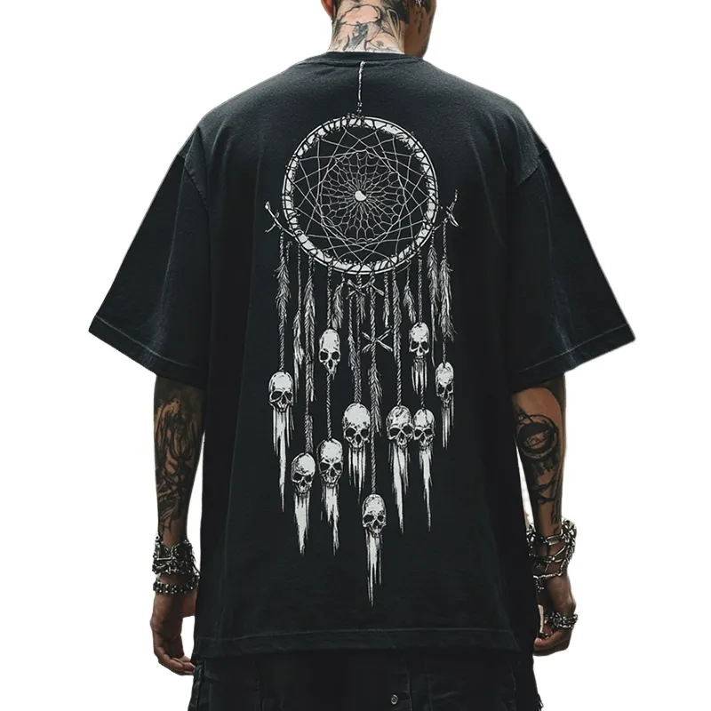 Men's Retro Casual Dreamcatcher Skull Print Round Neck Short Sleeve T-Shirt MTA2152C7TO sold by Manly