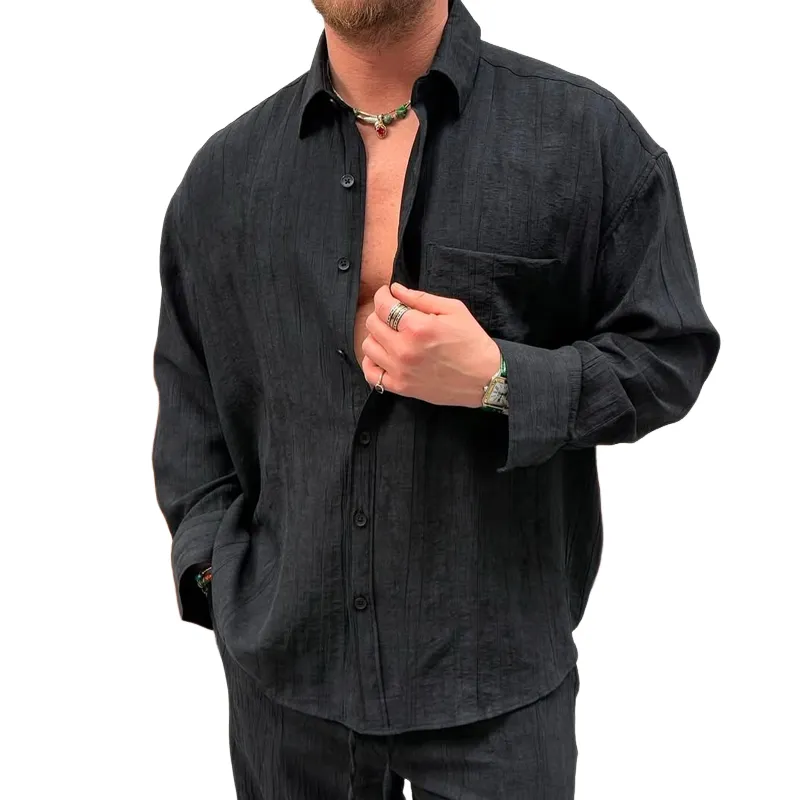 Men's Solid Loose Folds Lapel Long Sleeve Casual Shirt MTA2202C5Z sold by Manly