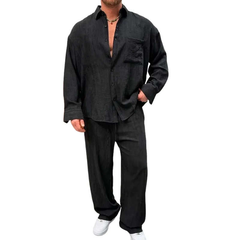 Men's Solid Loose Folds Lapel Long Sleeve Shirt Trouser  Casual Set MTA2253C6Z sold by Manly