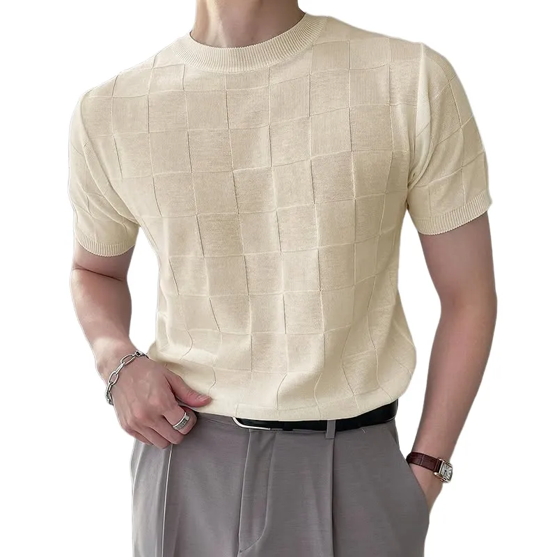 Men's Comfortable Solid Color Square Round Neck Short Sleeve Knitted Sweater T-shirt MTA2227C4Z sold by Manly