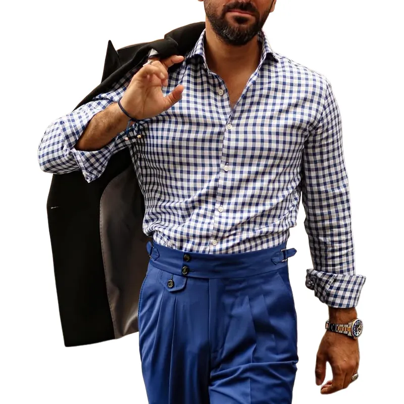 Men's Fashion Plaid Lapel Long Sleeve Shirt MTA2129C9Z sold by Manly