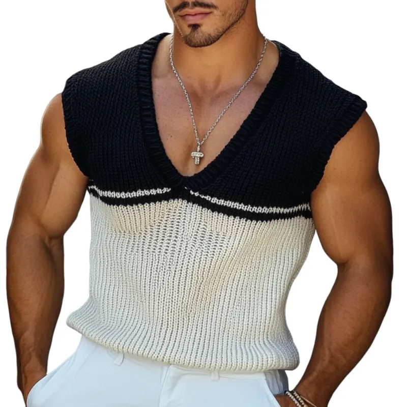 Men's Casual V Neck Contrast Color Slim Knitted Vest MTA2131C6M sold by Manly