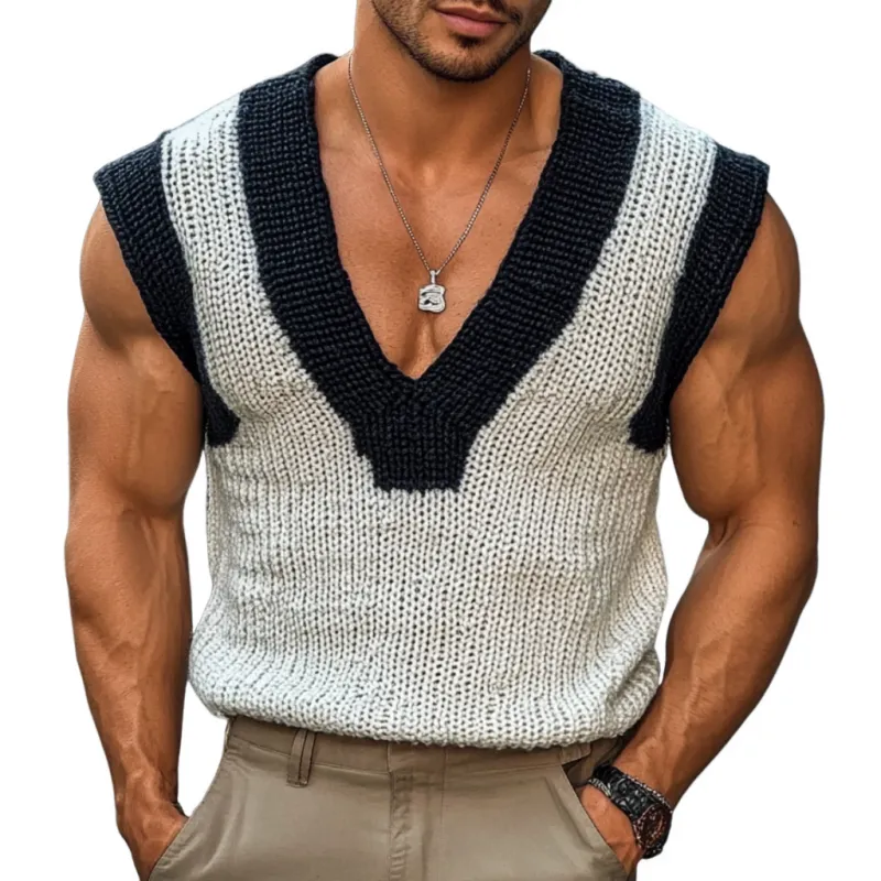 Men's Casual V Neck Contrast Color Slim Knitted Vest MTA2151C6M sold by Manly