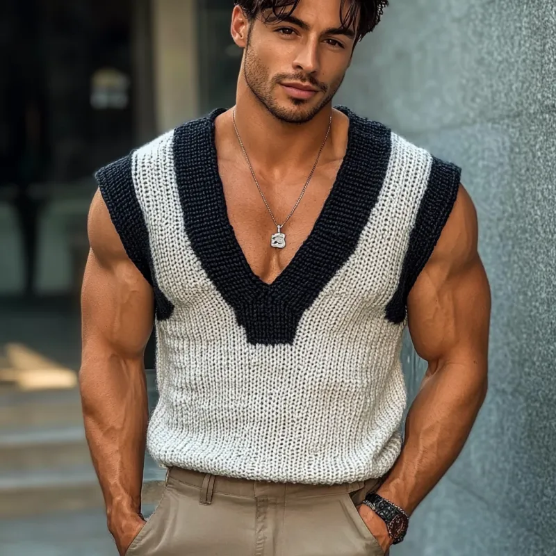 Men's Casual V Neck Contrast Color Slim Knitted Vest MTA2151C6M sold by Manly product image thumbnail 3