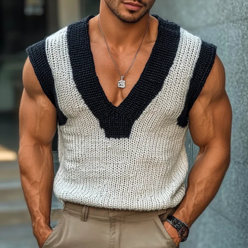 Men's Casual V Neck Contrast Color Slim Knitted Vest MTA2151C6M sold by Manly product image thumbnail 2