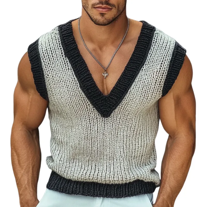 Men's Casual V Neck Contrast Color Slim Knitted Vest MTA2107C0M sold by Manly