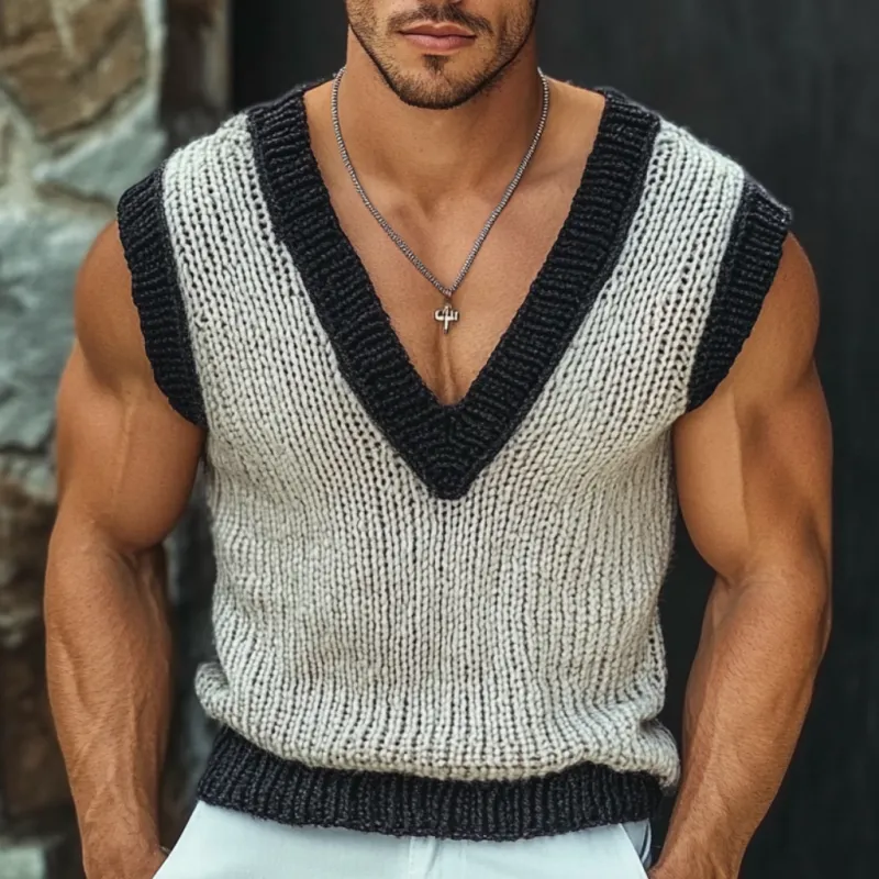 Men's Casual V Neck Contrast Color Slim Knitted Vest MTA2107C0M sold by Manly product image thumbnail 2