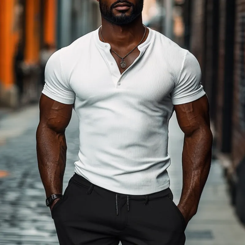 Men's Casual Cotton Elastic Rib Henley Collar Slim Fit Short Sleeve T-Shirt MTA2232C5M sold by Manly product image thumbnail 5