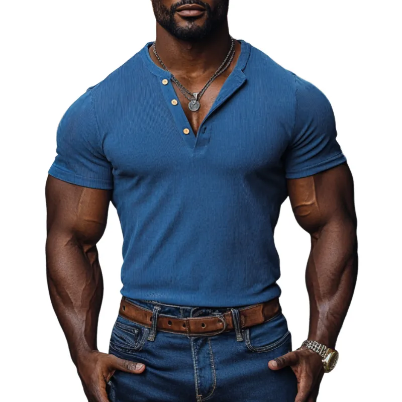 Men's Casual Cotton Elastic Rib Henley Collar Slim Fit Short Sleeve T-Shirt MTA2232C5M sold by Manly